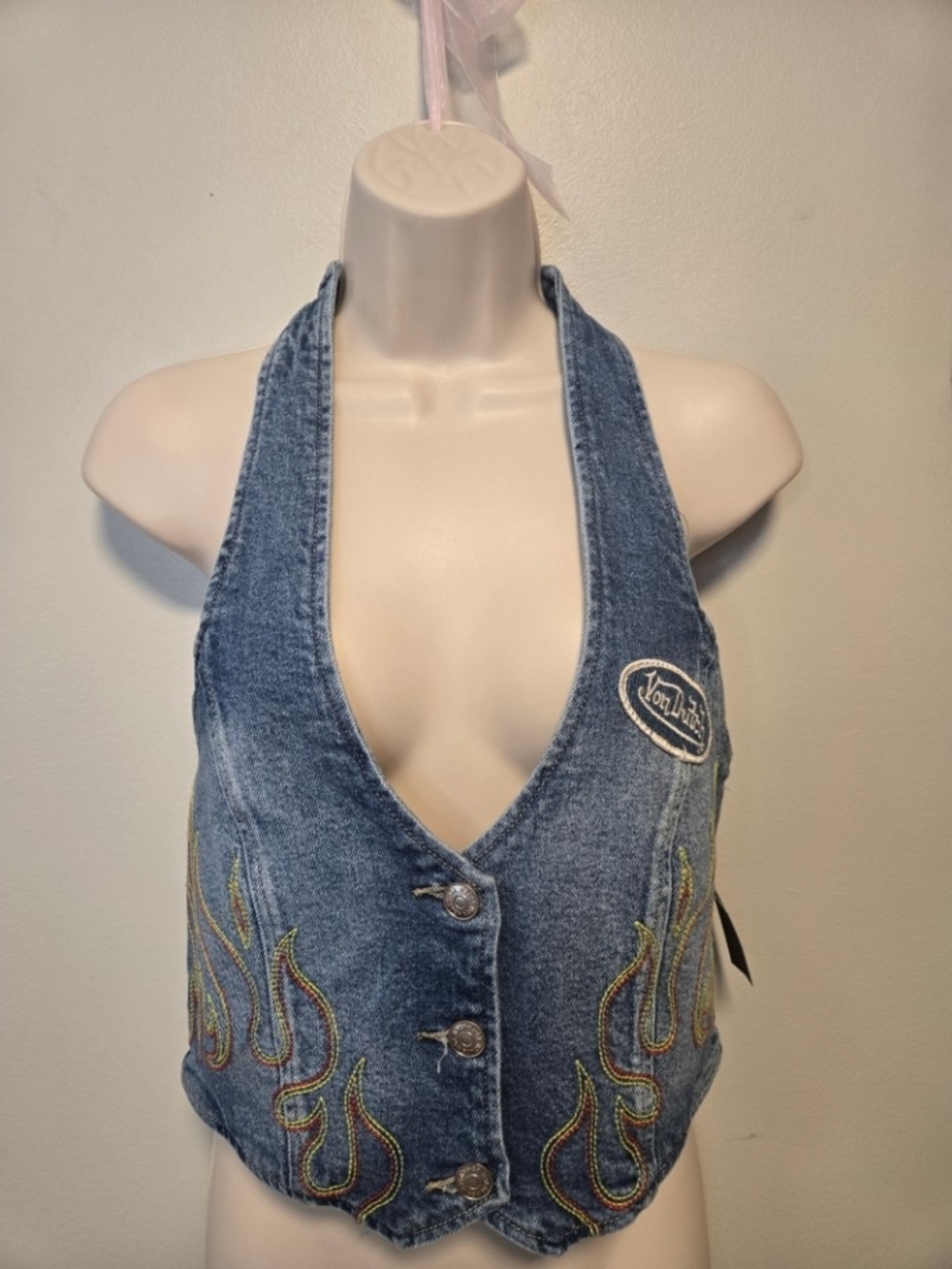 Von Dutch Blue Denim Halter Vest with Flame Embroidery